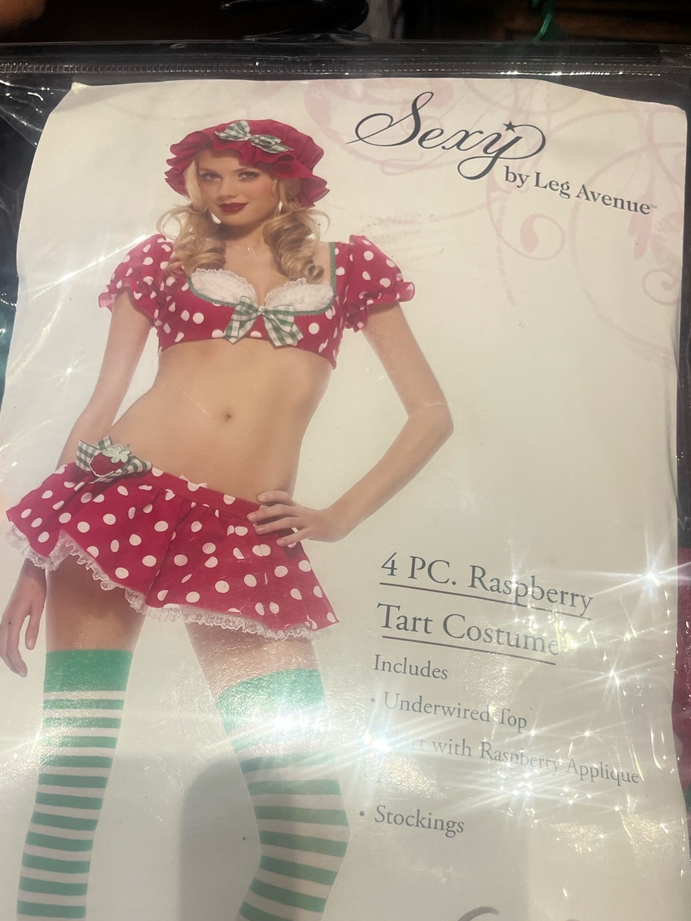Leg Avenue Raspberry Polka Dot 4-Piece Costume with Green Striped Stockings